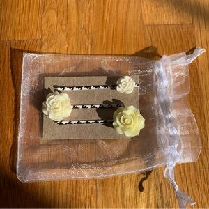 Hand Crafted Yellow Rose on Black & White Houndstooth Bobby Pins
